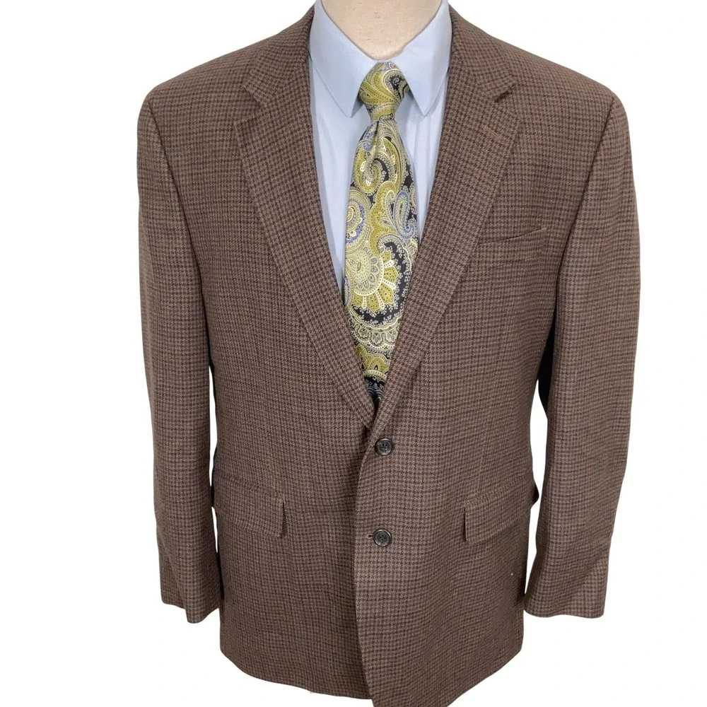 Chaps Mens 44R Brown Blue Houndstooth Lambswool Two Button Heritage Timeless - Picture 2 of 11